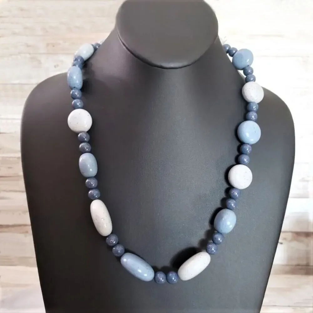 Vintage Necklace - Statement Chunky Round Shades of Blue Beaded Necklace